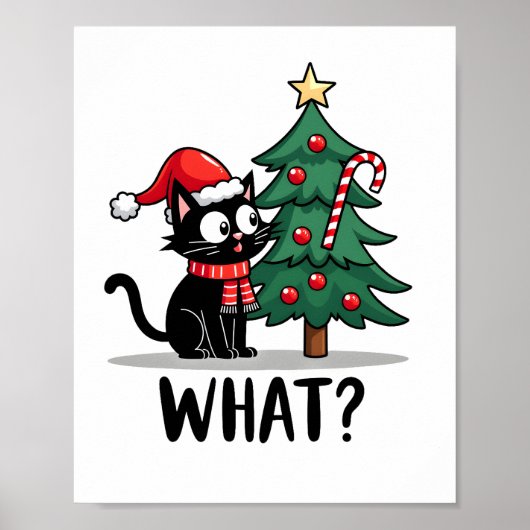面白い黒猫のギフト クリスマスツリーを突き飛ばす猫 ポスター (正面)