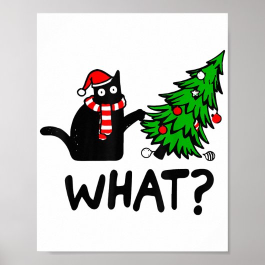 面白い黒猫のギフト クリスマスツリーを突き飛ばすC ポスター (正面)