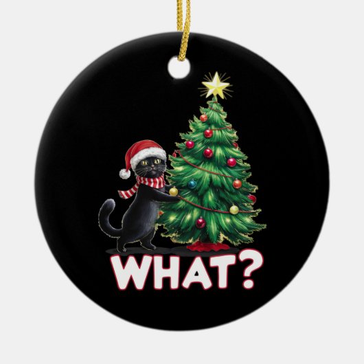 面白い黒猫のクリスマスツリー セラミックオーナメント (正面)