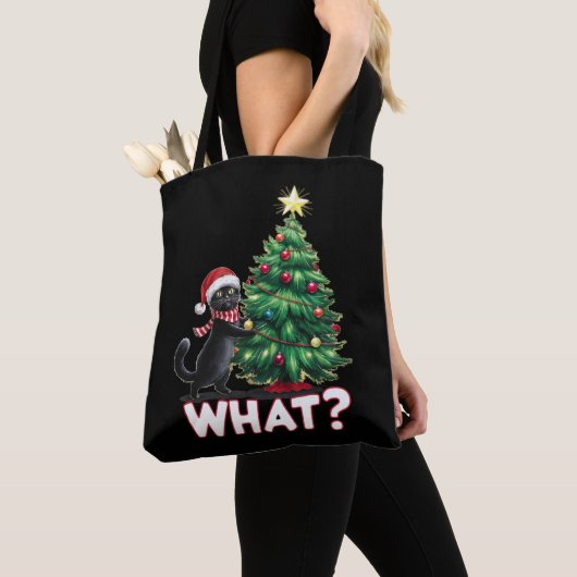 面白い黒猫のクリスマスツリー トートバッグ (クローズアップ)