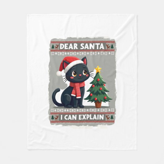 面白い黒猫のクリスマス サンタさんへ、説明できます フリースブランケット (正面)