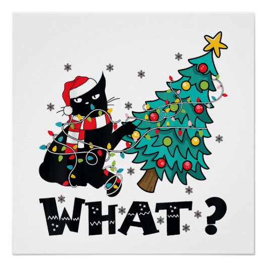 面白い黒猫サンタがクリスマスツリーを押している ポスター (正面)