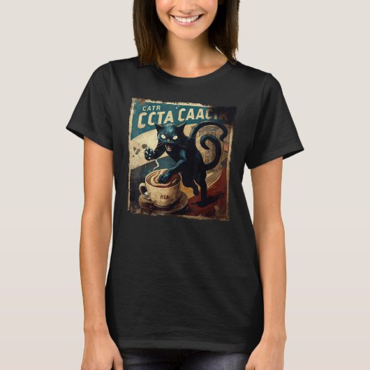 面白い黒猫攻撃コーヒー Tシャツ (正面)