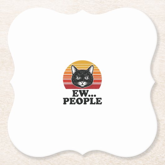 面白い黒猫、うざい人々、レトロな夕日Tシャツデザイン ペーパーコースター (正面)