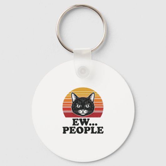 面白い黒猫、うんざりな人々のレトロな夕日のTシャツデザイン キーホルダー (正面)