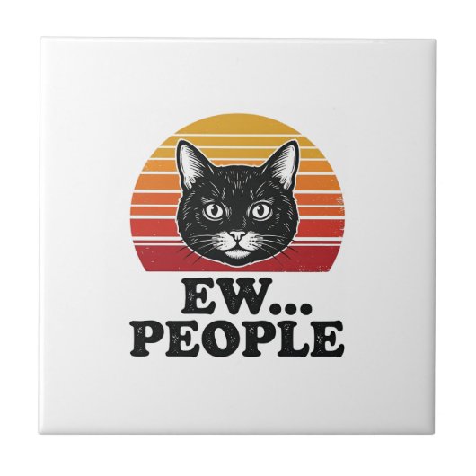 面白い黒猫、うんざりな人々のレトロな夕日のTシャツデザイン タイル (正面)