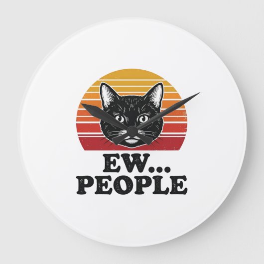 面白い黒猫、うんざりな人々のレトロな夕日のTシャツデザイン ラージ壁時計 (正面)