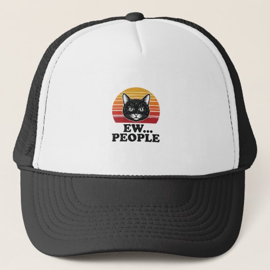 面白い黒猫、嫌な人々、レトロな夕日Tシャツデザイン キャップ (正面)