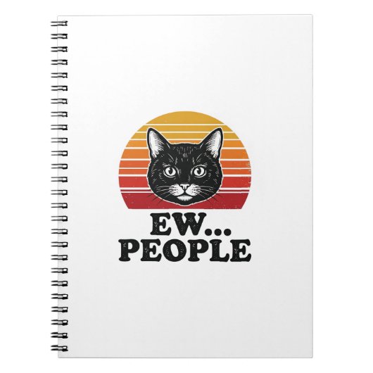 面白い黒猫、嫌な人々、レトロな夕日Tシャツデザイン ノートブック (正面)