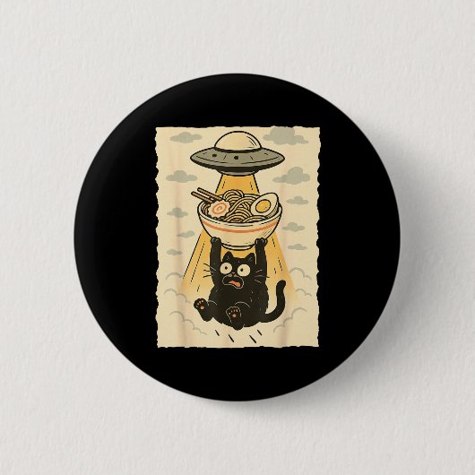 面白い黒猫UFOラーメンエイリアン誘拐グラフィック 缶バッジ (正面)