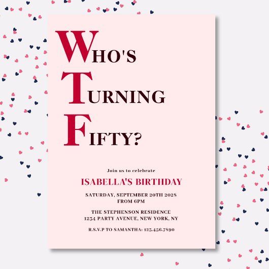 面白い50歳の誕生日おめでとう WTF ユーモラス ピンク 招待状