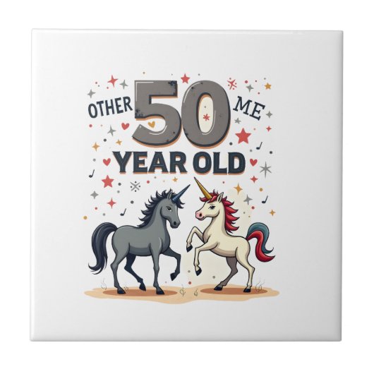 面白い50歳の誕生日ユニコーン馬ビンテージグラフィック タイル (正面)