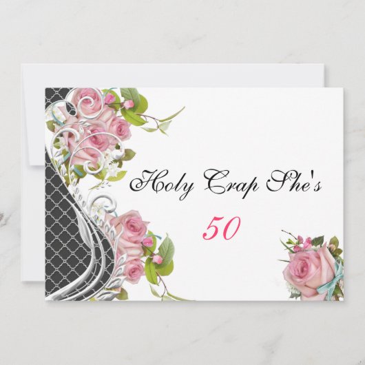 面白い50歳の誕生日招待状、ヴィンテージ ピンクのバラ 招待状 (正面)