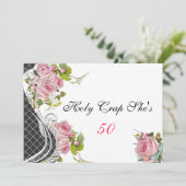 面白い50歳の誕生日招待状、ヴィンテージ ピンクのバラ 招待状 (スタンド正面)