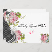 面白い50歳の誕生日招待状、ヴィンテージ ピンクのバラ 招待状 (正面/裏面)