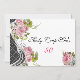 面白い50歳の誕生日招待状、ヴィンテージ ピンクのバラ 招待状