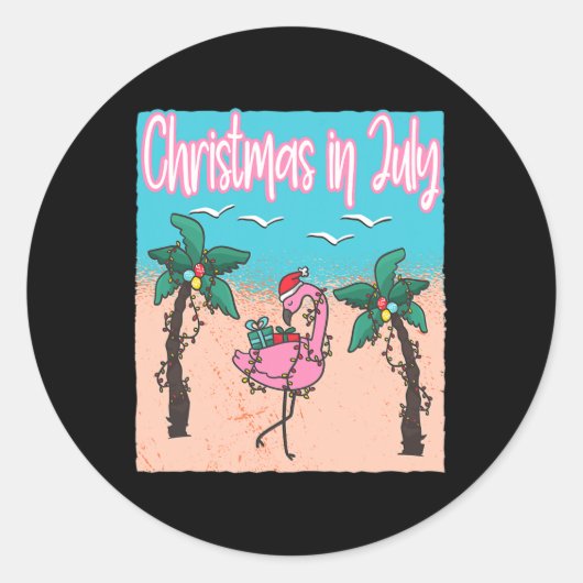 面白い7月のクリスマス フラミンゴ ビーチ クリスマス I ラウンドシール (正面)