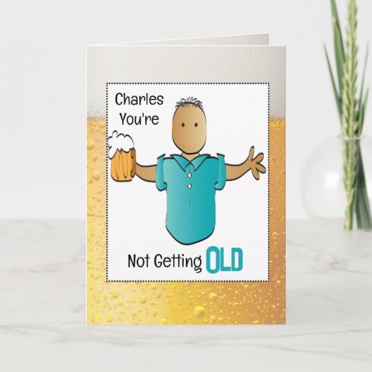 面白い70歳の誕生日の男性の漫画とビール カード (正面)