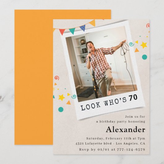 面白い70歳の誕生日招待状 メンズ フォト 招待状 (正面/裏面)