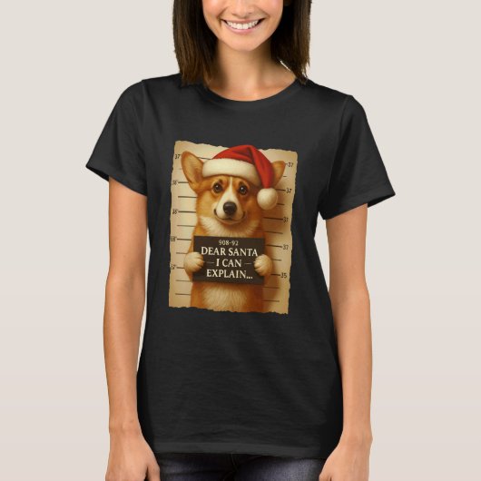 面白い クリスマス 犬 - かわいい コーギー サンタ帽子 Tシャツ (正面)