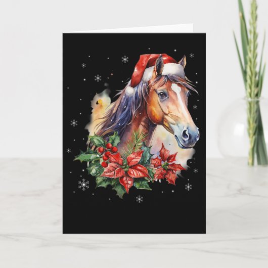 面白い クリスマス 馬 サンタ 帽子 動物 馬術 カード (正面)