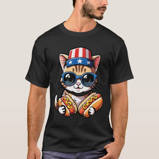 面白い 猫 ホットドッグ 7月4日 フードファン Tシャツ (正面)