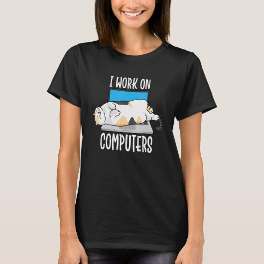 面白い 猫 Tシャツ, 私はコンピューターで仕事をする 猫のTシャツ, 猫 Tシャツ (正面)