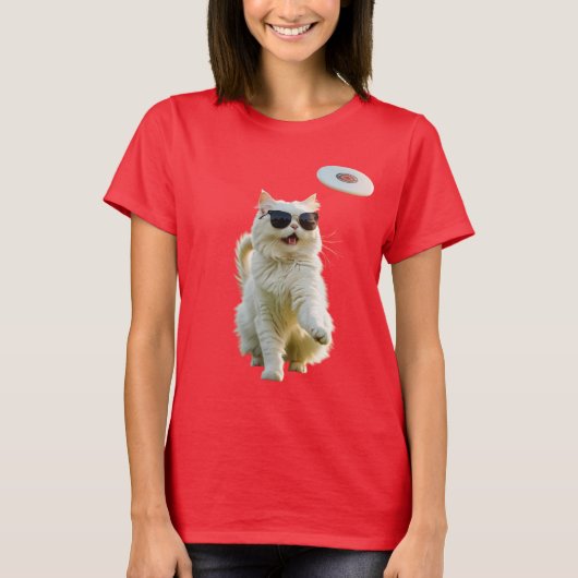 面白い 白いペルシャ猫 ディスクゴルフ Tシャツ (正面)