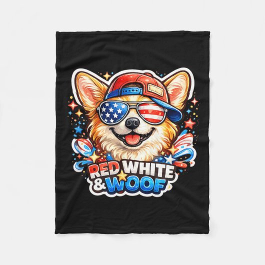 面白い 赤 白 woof コーギー 愛国 アメリカ フリースブランケット (正面)