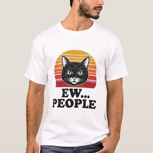 面白い 黒猫 ウワッ 人々 レトロ 日の入り Tシャツ デザイン (正面)