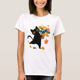 面白い 黒猫 紅葉 こんにちは 秋 Tシャツ