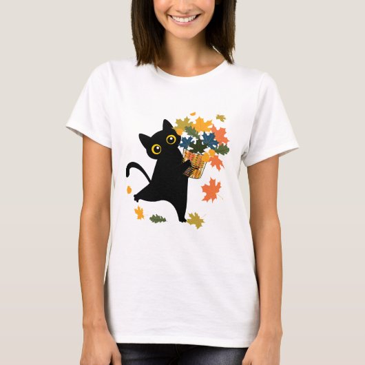面白い 黒猫 紅葉 こんにちは 秋 Tシャツ (正面)