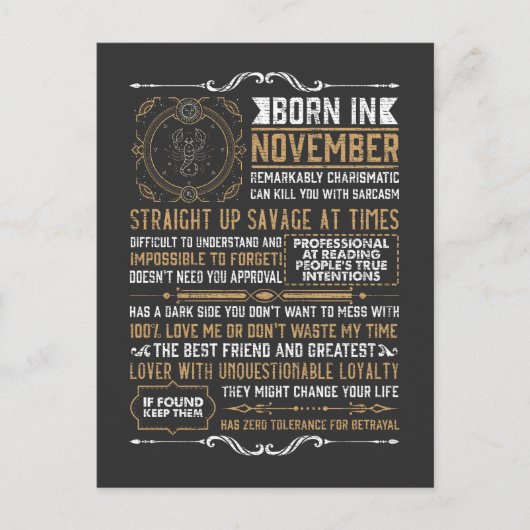 面白い 11月生まれの誕生日 蠍座の星座 ポストカード (正面)