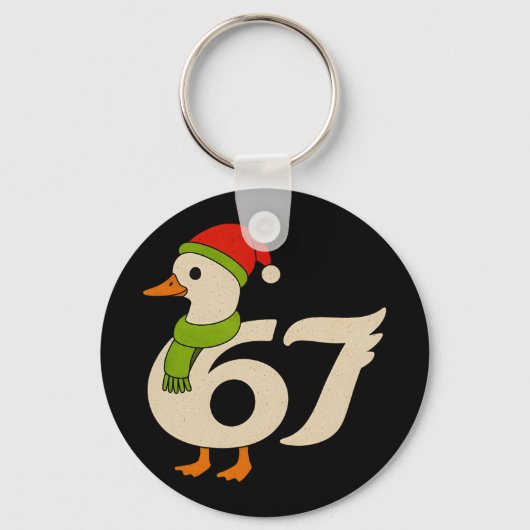 面白い 67 ガチョウ クリスマス 6 7 メーム アヒル サンタ帽子 F キーホルダー (正面)