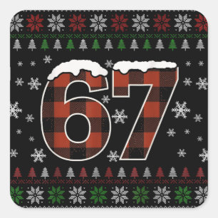 面白い "67" クリスマス・ミーム – 赤と緑のチェック柄 スクエアシール