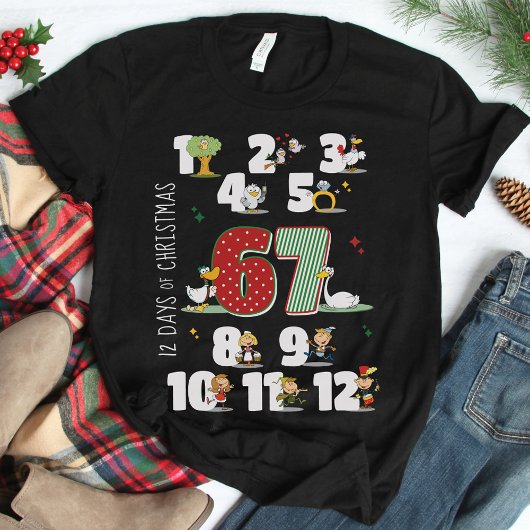面白い 67 六 七 メモ クリスマスの12日間 ブラック Tシャツ