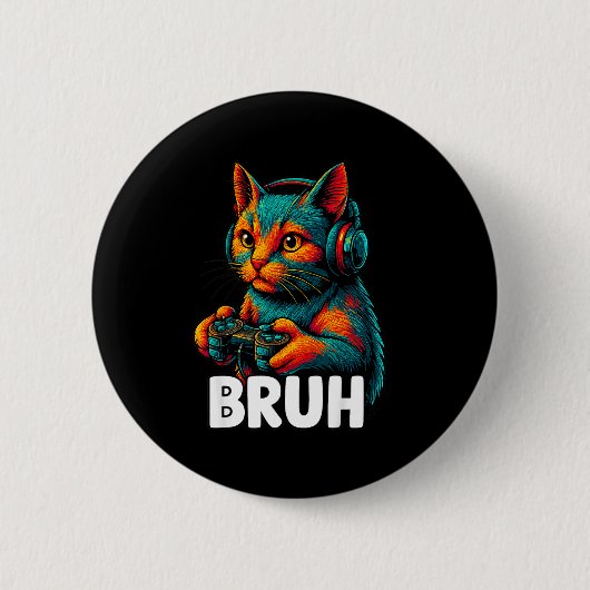 面白い Bruh 猫 ゲーマー ビデオ ゲーム ゲーミング 男性用 缶バッジ (正面)