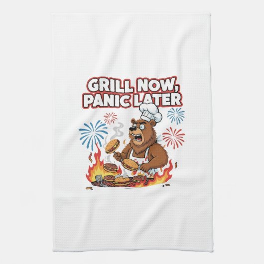 面白いBBQベアのグリルは今、後でパニックを起こす花火 キッチンタオル (縦)