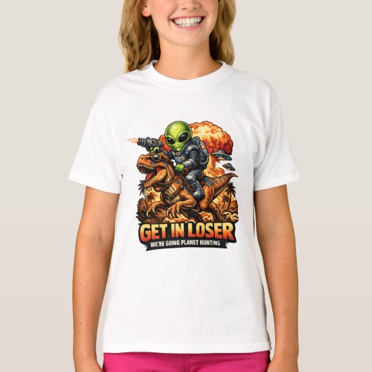 面白いSFファンタジーミームアート エイリアンが恐竜に乗る Tシャツ (正面)