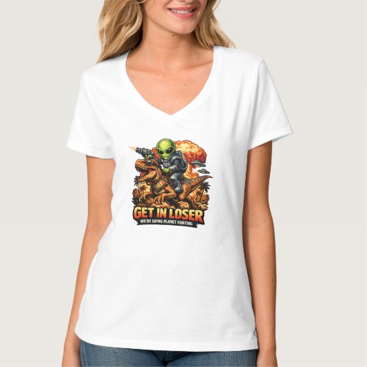 面白いSFファンタジーミームアート エイリアンが恐竜に乗る Tシャツ (正面)