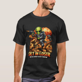 面白いSFファンタジーミームアート エイリアンが恐竜に乗る Tシャツ