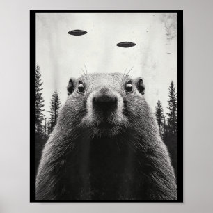 面白いUFOエイリアンがグラウンドホッグかわいいウッドチャックを誘拐 ポスター