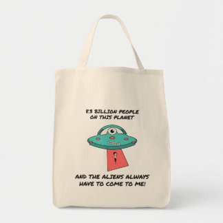 面白いUFOデザインのエイリアンTシャツいつも私のところに来る トートバッグ