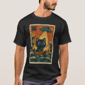 面白いUFOレトロ日本波アートかわいい猫の釣り Tシャツ (正面)