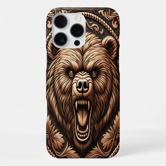 革のような見た目の怒ったクマの頭 iPhoneケース (裏面)