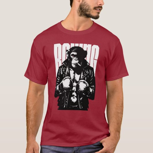 革のボクシングジャケットを着た反逆のサル、モンキーボクサー Tシャツ (正面)
