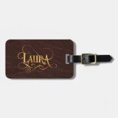 革の原稿のローラのパーソナライズで渦巻形のな金ゴールド ラゲッジタグ (正面横)