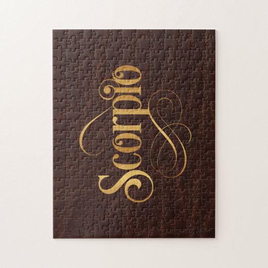 革の渦巻形のな原稿の(占星術の)十二宮図の印の蠍座の金ゴールド ジグソーパズル (縦)
