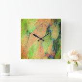 革スタイルしわと緑のオレンジ擦り切れた絵を描色 スクエア壁時計 (ホーム)
