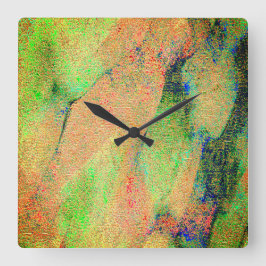 革スタイルしわと緑のオレンジ擦り切れた絵を描色 スクエア壁時計